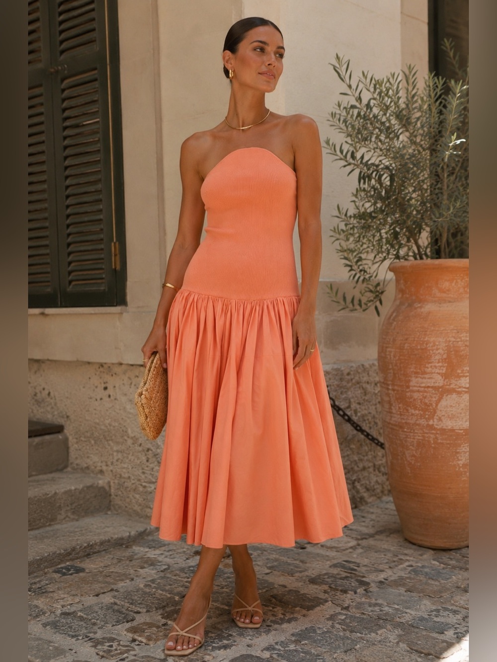 Alexis Kamali Strapless Drop Waist Midi Dress Peach Coral XL